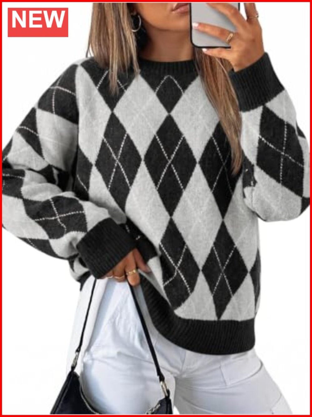Oversized Argyle Plaid Knit Pullover Sweater Long Sleeve